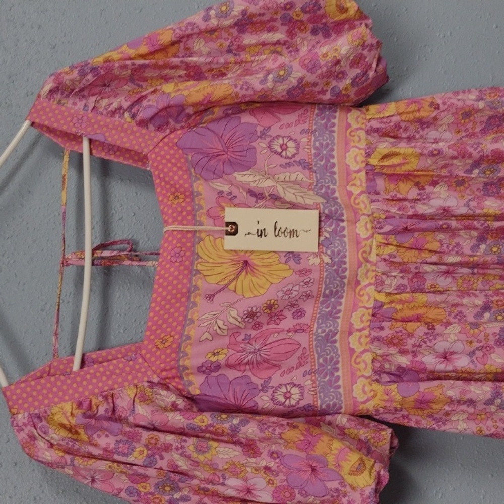 NEWIn Bloom Pink and Yellow Maxi Sundress with Puff Sleeves and Square Neckline, - Picture 2 of 16